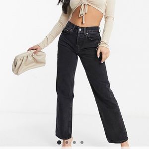 ASOS Design Petite premium mid rise straight leg jeans in washed black